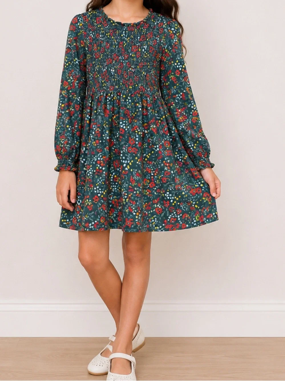 Hanna Andersson Girls Floral Smocked Long Sleeve Dress 120 6-7